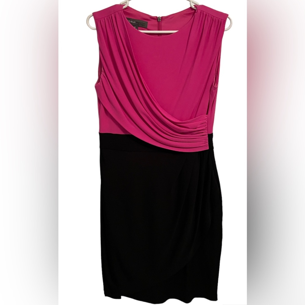 Donna Ricco Sleeveless Midi Wrap Ruched Party Sheath Modest Dress Pink/Black sz6